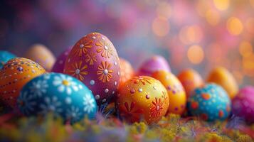 konstnärlig påsk ägg med invecklad mönster visas mot en bokeh ljus bakgrund foto