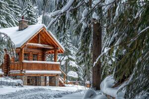 mysigt trä- stuga inbäddat bland snötäckt tallar i en lugn vinter- landskap foto