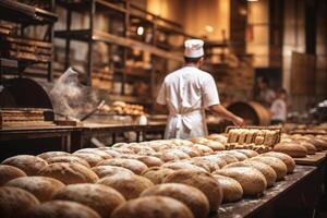 bagare förbereder nyligen bakad bröd i en mysigt, traditionell bageri miljö med värma belysning foto