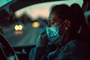 hjärtskärande bild fångande en sjuksköterska med tårar strömmande, sittande i henne fordon efter en utmanande flytta foto