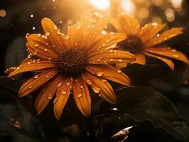 solkysst orange blomma med daggdroppar i en mjukt fokus natur miljö foto
