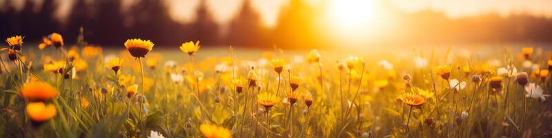 lysande gul vild blomma baner med en gnistrande naturlig bakgrund foto