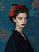 elegant flicka med höstfärgad blommig hårstycke mot en blå botanisk vägg foto