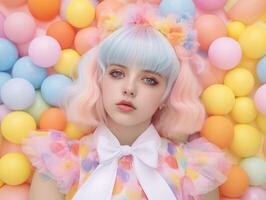 färgrik porträtt av en flicka i de stil av söt docka mot en bakgrund av pastell bollar foto