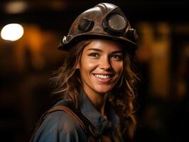 kvinna gruvarbetare på arbete närbild. kvinna karriär begrepp foto