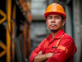 porträtt av industri underhåll ingenjör i orange säkerhet hjälm och röd overall foto