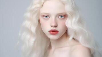 skön albino tonåring flicka med lockigt hår, naiv ansiktsbehandling uttryck och knubbig mun närbild. naturlig skönhet med lysande friska hud. reklam av kosmetika, parfymer foto