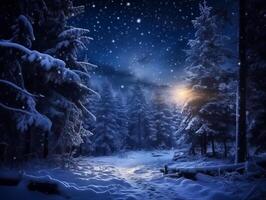 saga natt skog täckt med snö i de månsken. vinter- landskap. ny år begrepp foto