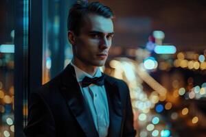 elegant ung stilig man över natt stad bakgrund foto