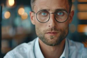 porträtt av attraktiv affärsman i glasögon ser på kamera affärsman foto