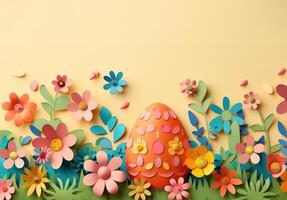 papper skära illustration av färgrik papper konst påsk kanin, gräs, blommor och ägg form foto