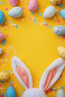 påsk dag hälsning. topp se vertikal Foto av färgrik påsk ägg och påsk kanin öron