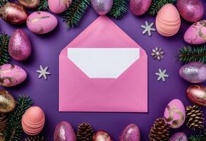 topp se illustration av rosa kuvert med papper ark färgrik påsk ägg foto