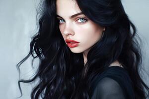 porträtt av en ung kvinna med slående blå ögon och mörk hår foto