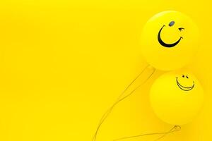 lycka känsla. gul ballong med leende på gul bakgrund topp se Plats för text foto