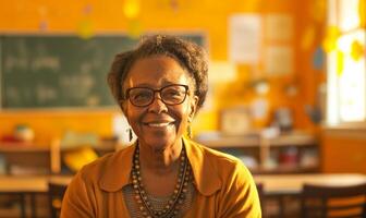 erfaren afrikansk amerikan pedagog inspirerande studenter i en klassrum miljö foto