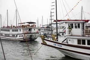 halong, vietnam, 28 februari 2017 - turistkryssningsfartyg i halong hamn. huvudnäringarna vid halong är turism, tjänster, handel, jordbruk, skogsbruk och fiske