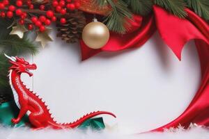 glad jul och Lycklig ny år hälsning kort design med drake och dekorationer med kopia Plats. foto