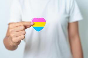 pansexual stolthet dag och HBTQ stolthet månad begrepp. hand innehav rosa, gul och blå hjärta form för lesbisk, Gay, bisexuell, transpersoner, queer och pansexual gemenskap foto