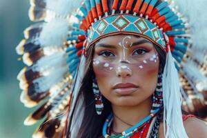 porträtt av amerikan indisk i nationell klänning porträtt av amerikan indisk i nationell klänning foto
