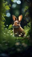 en vild kanin kanin i skog. påsk ägg begrepp, vår Semester foto