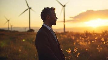 ung affärsman mot de bakgrund av vind turbiner på solnedgång foto