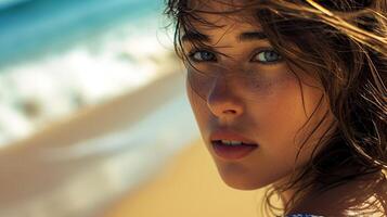 skön flicka på de havsstrand i de solsken porträtt stänga upp foto