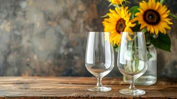 tom attrapp av en par av stamlös vin glasögon p på en rustik trä- tabell med en vas av solrosor närliggande. foto