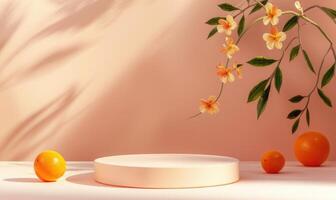 orange podium för produkt presentation med apelsiner, blommor och löv. ai-genererad innehåll. foto