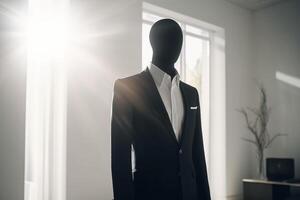 mannekäng i svart kostym i en vit rum med solljus. foto