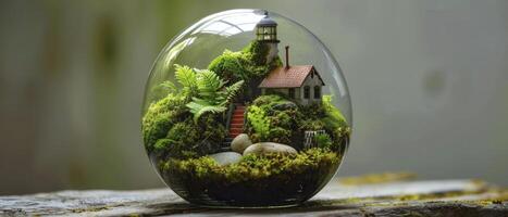 de miniatyr- tema av gammal ljus hus är täckt med grön mossa och pabblar inuti av terrarium glas foto