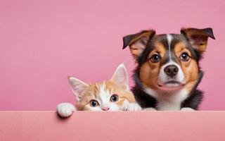 katt och hund, kärlek din sällskapsdjur dag, baner, hälsning kort, social media, rosa bakgrund foto