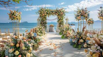 de bakgrund för ett utomhus bröllop på de strand fylld med skön blommig dekorationer och ornament ai generera foto