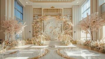 bröllop skede dekoration bakgrund inuti de byggnad med elegant och skön blomma dekorationer foto