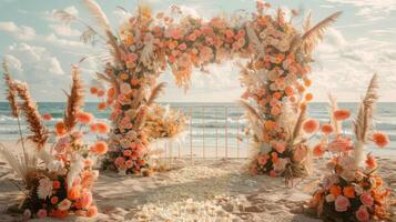 de bakgrund för ett utomhus bröllop på de strand fylld med skön blommig dekorationer och ornament ai generera foto