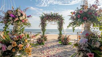 de bakgrund för ett utomhus bröllop på de strand fylld med skön blommig dekorationer och ornament ai generera foto