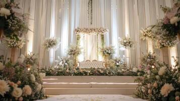 bröllop skede dekoration bakgrund inuti de byggnad med elegant och skön blomma dekorationer foto