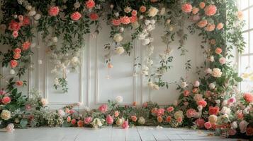 de bröllop bakgrund och rum för studio foton är fylld med skön blomma dekorationer