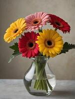 bukett av gerbera blommor i en glas vas. foto