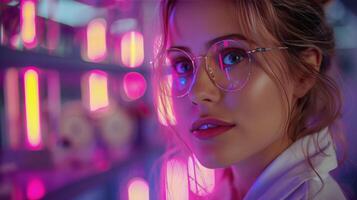kvinna bär glasögon stående i främre av neon lampor foto
