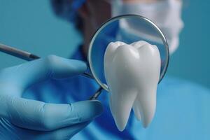 ai genererad dental vård begrepp med tandläkare innehav tand modell. foto