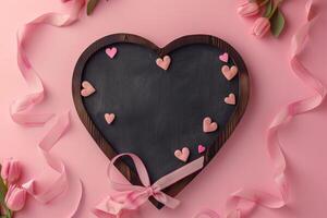 ai genererad hjärta form svarta tavlan med rosa band på rosa bakgrund med Lycklig mödrar dag meddelande. foto