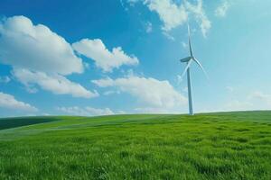 ai genererad vind turbin på gräs- fält mot blå himmel foto