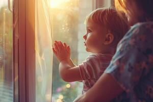 ai genererad mor innehar liten pojke på fönster tröskel. foto