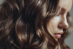 ai genererad skön brunett med lång skinande lockigt hår. hårvård modell. foto