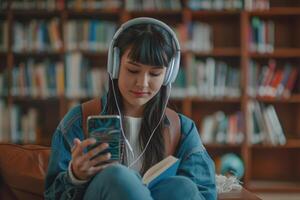 ai genererad latin tonåring flicka användningar telefon för uppkopplad inlärning i bibliotek. foto