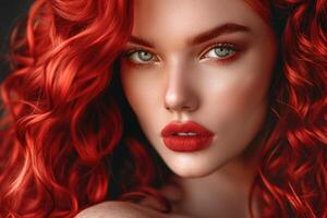 ai genererad mode porträtt av kvinna med lång lockigt röd hår. foto