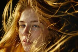 skön kvinna med lång gyllene hår i rörelse studio skott foto