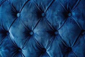 ai genererad stänga upp av blå vadderad velour soffa klädsel. foto