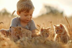 ai genererad en förskola pojke spelar med söt kattungar i en vete fält. picknick med kattungar foto